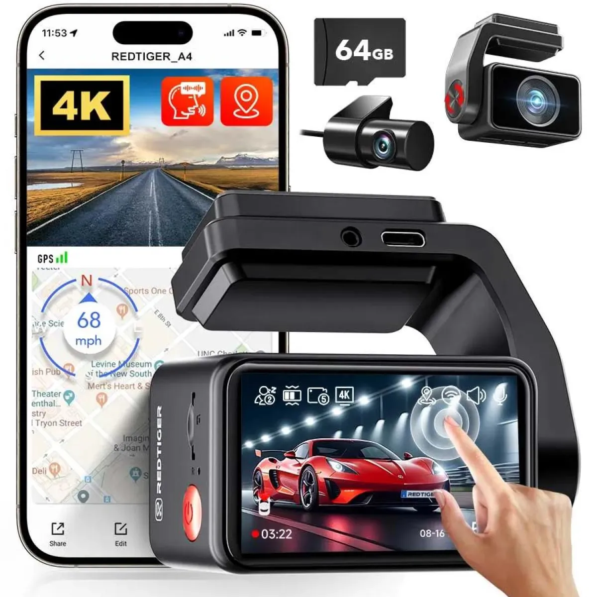 A4 4K Touch Wifi GPS 2CH 64gb dashcam Dashcams