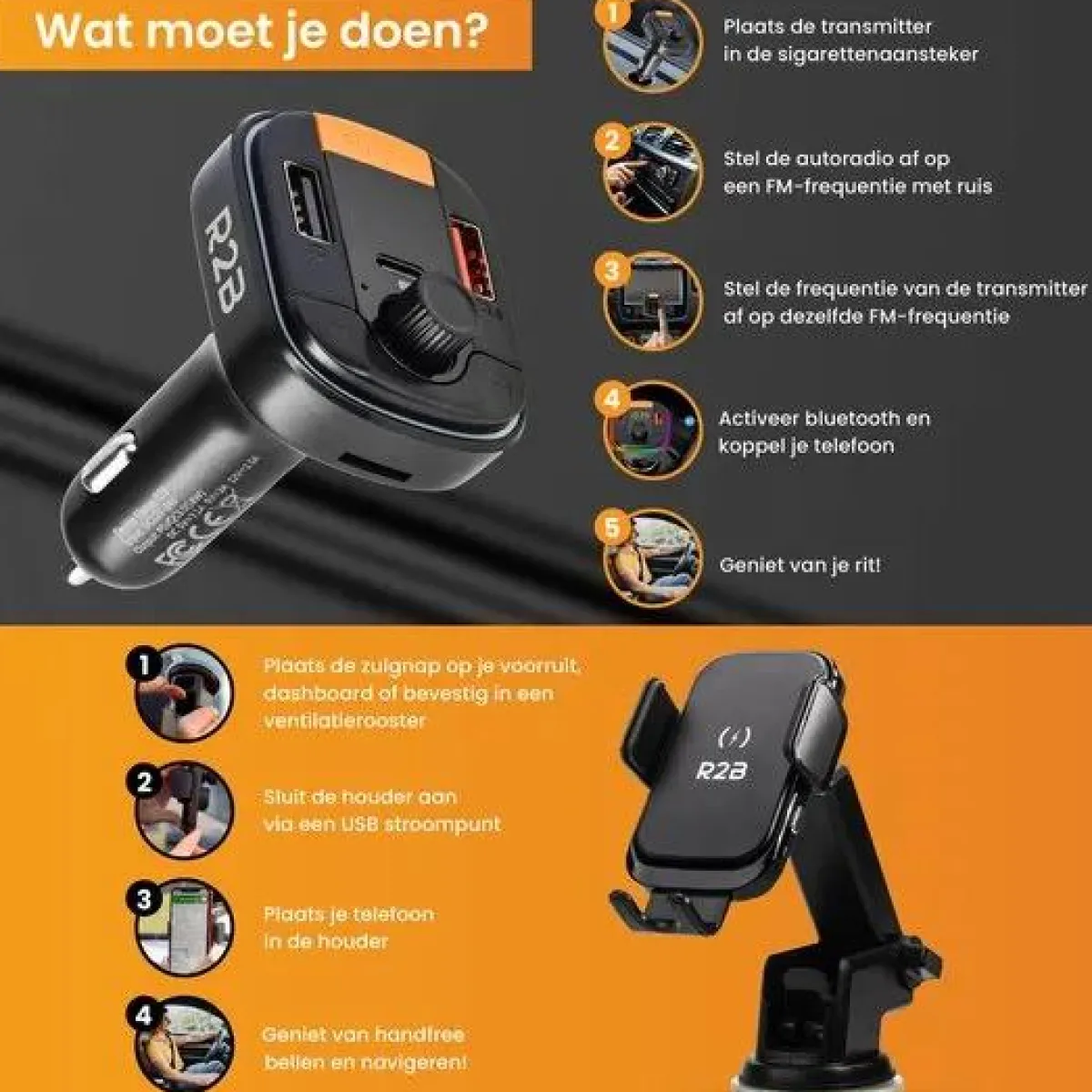 Outlet Telefoonhouder Auto Oplader + FM Transmitter Telefoon & Tablethouders