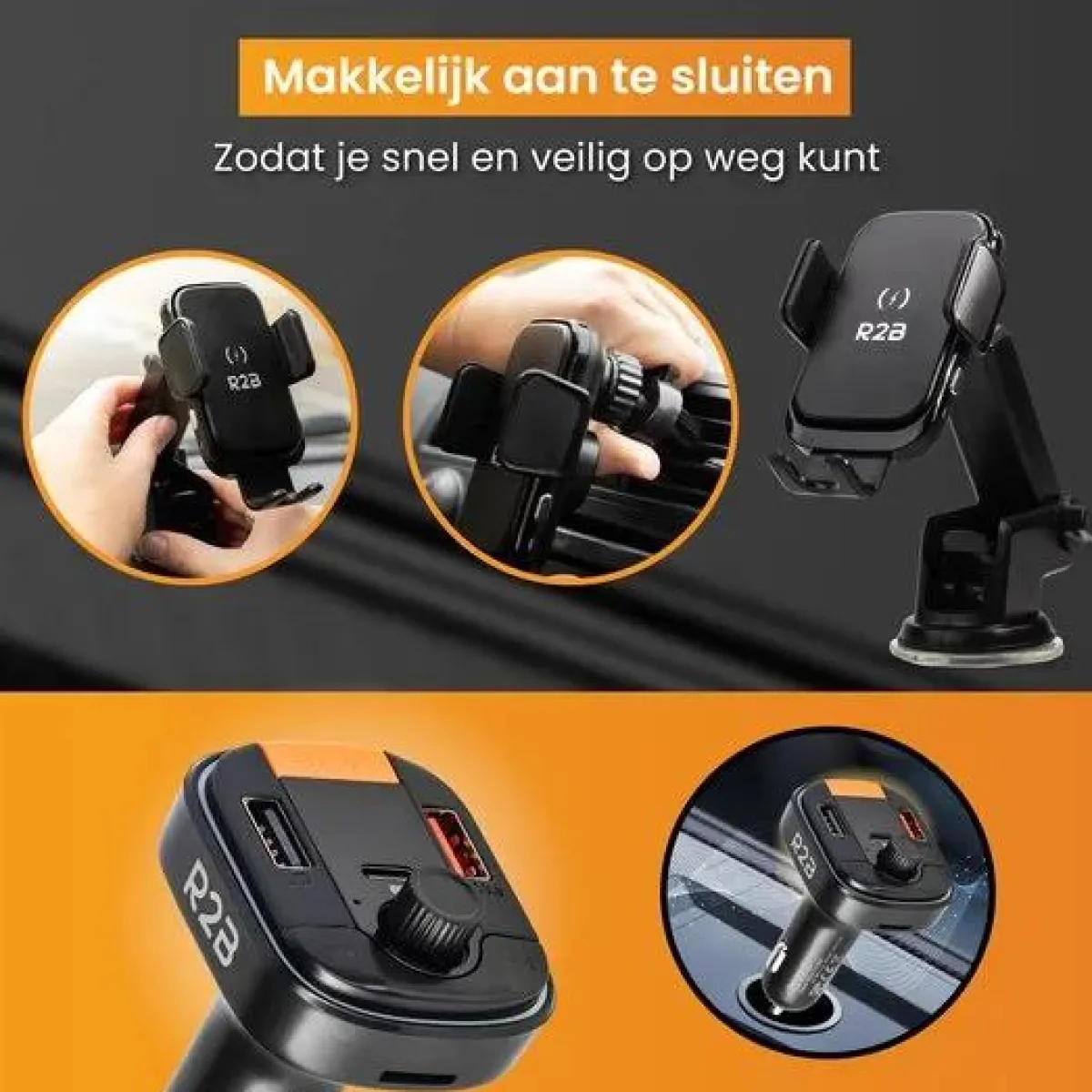 Outlet Telefoonhouder Auto Oplader + FM Transmitter Telefoon & Tablethouders
