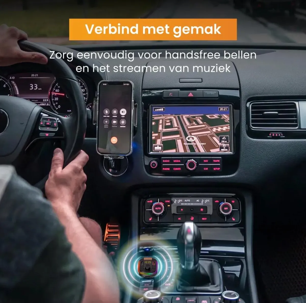 Outlet Telefoonhouder Auto Oplader + FM Transmitter Telefoon & Tablethouders