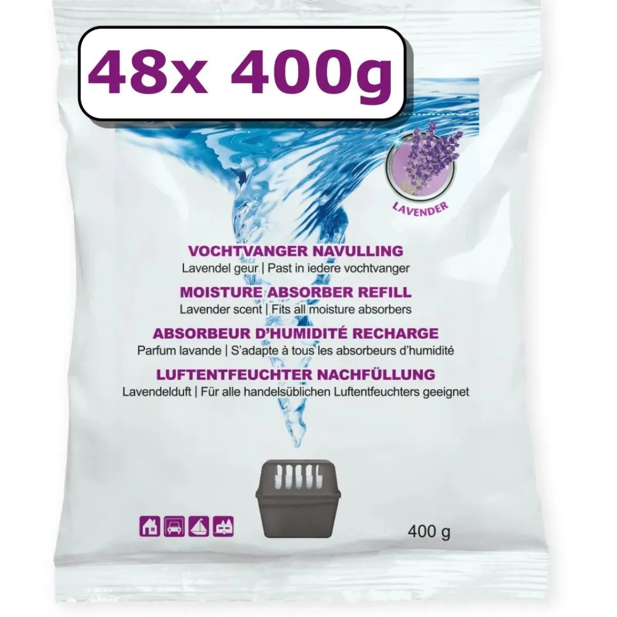 Outlet Vochtvanger navulling - 48x - 400 gram - lavendel Interieurverzorging
